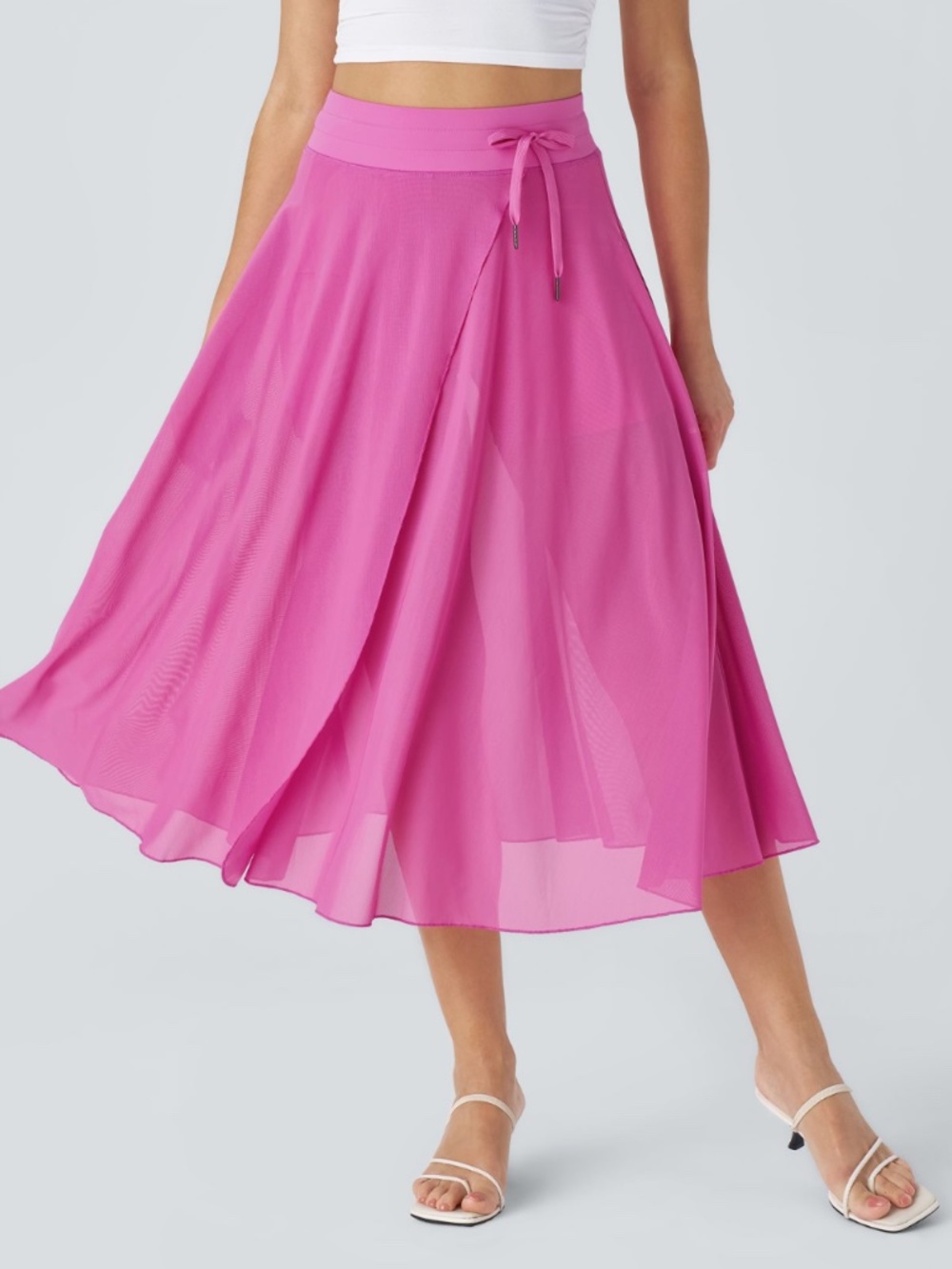Halara: Bright Pink High-Waisted Drawstring Mesh Flowy Midi Skirt, Size XL, EUC
